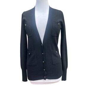Tory Burch 100% Cashmere V-Neck Cardigan XS Black | Logo Buttons | 4 Pockets